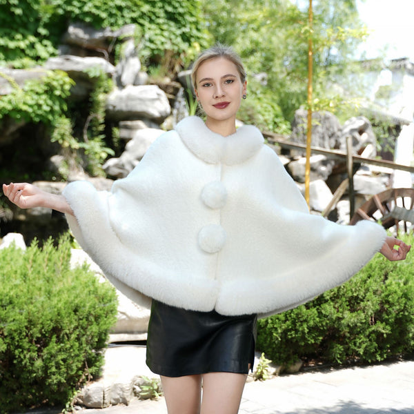 Capa Cardigan de Piel Blanca con Cuello de Peluche Estilo Inverness