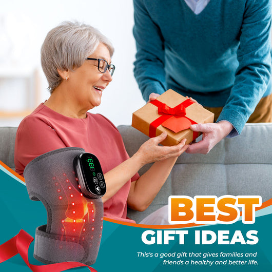 Black knee brace with red infrared lights and a digital control panel, providing heating and vibration massage therapy. - Image 13