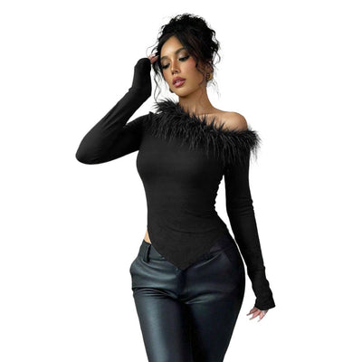 Blusa Otoño Invierno Diseño Exclusivo Patchwork Plumas Hombro Asimétrico Manga Larga Ajustada - Image 6