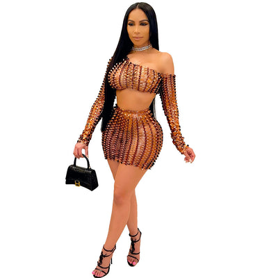 Black net hole hollow-out two-piece set with one-shoulder long-sleeve crop top and matching mini skirt. - Image 7