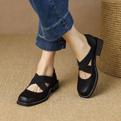 Zapatos Retro de Cuero Gamuza con Tacón Bajo y Elástico Ajustable