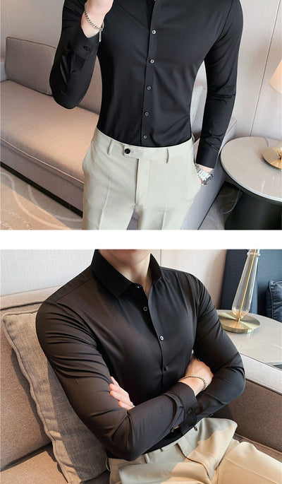 Camisa Ejecutiva Coreana Slim Fit de Punto Elástico para Hombre - Image 19