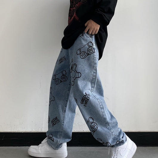 Pantalones Retro Estampado Caricatura Cintura Alta Ancho Cómodo - Image 8