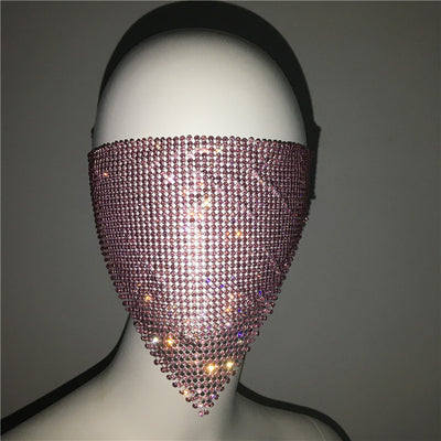 Gold rhinestone mask made of metal mesh, covering the face from the eyes to below the chin, displayed on a white mannequin head. - Image 26