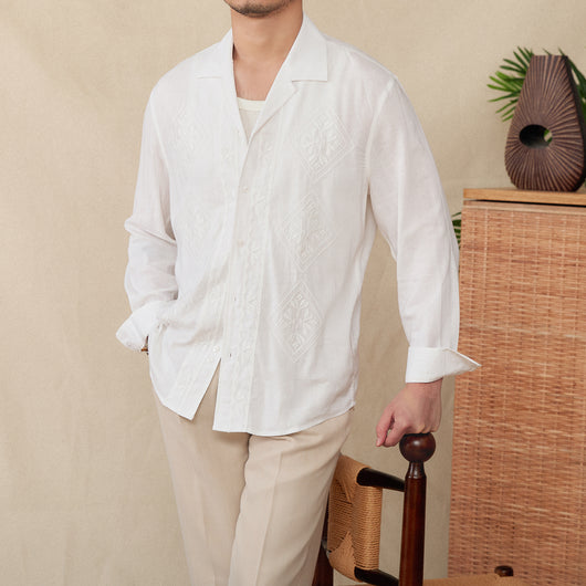 Camisa de Lino y Algodón con Cuello Cubano Bordado - Protección Solar de Manga Larga - Image 7