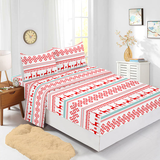 Juego de Sábanas Navideñas Ajustables Rojo - Funda de Colchón Estampada 4 Piezas - Image 14