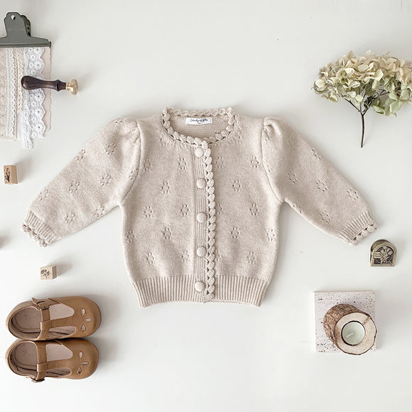 Cardigan Tejido a Mano para Niña Cuello Redondo Suéter Grueso
