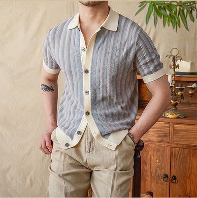 Suéter de Manga Corta con Jacquard Rayado y Costuras Decorativas para Hombre - Image 3