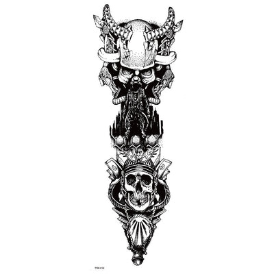 Full arm temporary tattoo sticker with a black, red, and light blue tribal design, featuring abstract shapes and patterns. - Image 37
