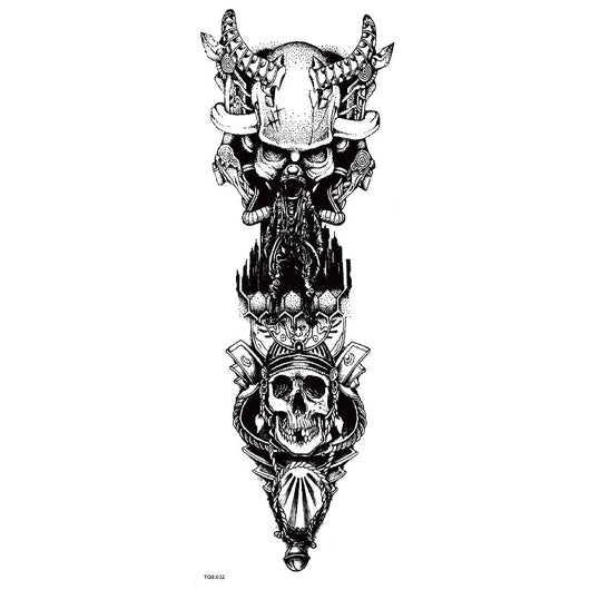 Full arm temporary tattoo sticker with a black, red, and light blue tribal design, featuring abstract shapes and patterns. - Image 37