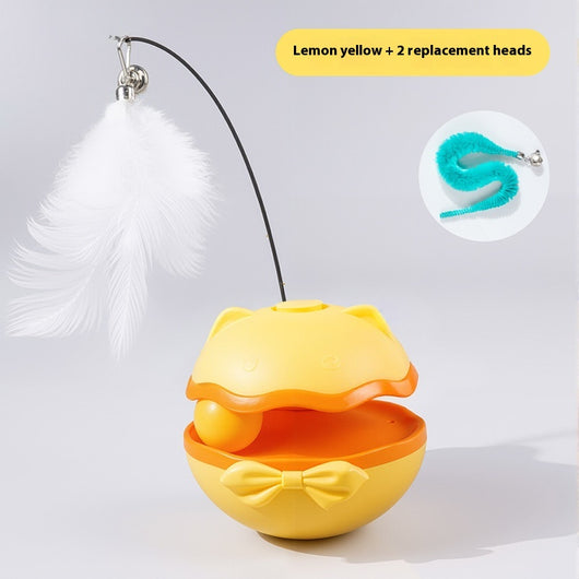 Lemon yellow electric cat toy tumbler with a white feather teaser and two teal worm-like replacement heads. - Image 5