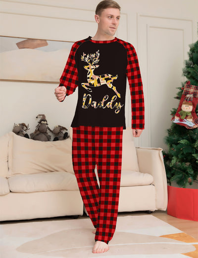 Kids' black and red buffalo plaid pajamas with a colorful deer graphic and "Kids" text on the top. - Image 7