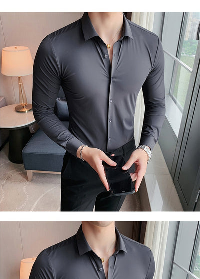 Camisa Ejecutiva Coreana Slim Fit de Punto Elástico para Hombre - Image 17