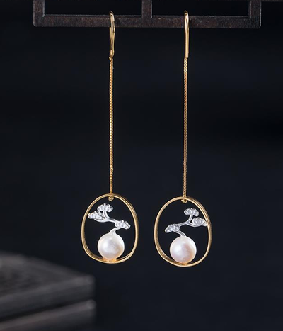 Aretes de Perla de Agua Dulce Plata 925 Estilo Retro