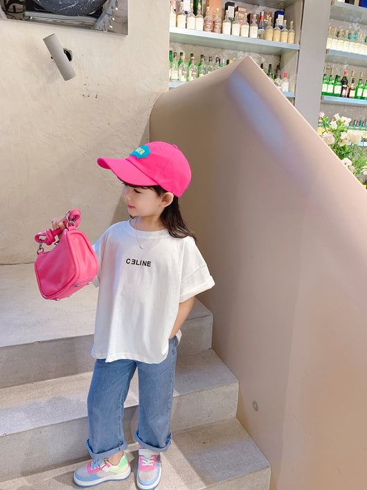 Playera Infantil de Algodón con Letras - Manga Corta Blanca