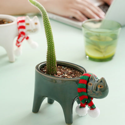 Maceta Decorativa de Cerámica con Diseño de Gato y Cactus - Image 12