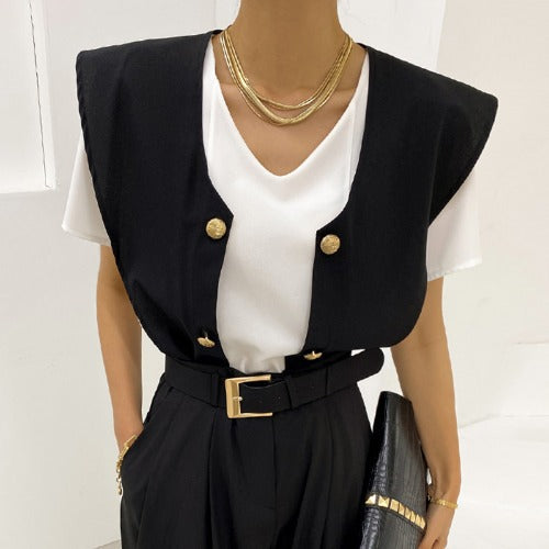 Camisa Suelta Doble Botonadura con Chal Contrastante Desmontable - Image 5