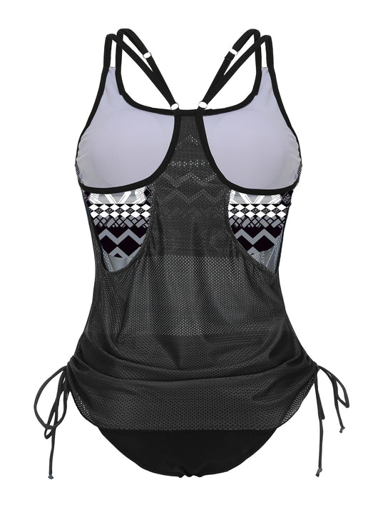 Olive green tankini top with white palm trees and 'live simple' text, paired with black swim bottoms on a beach. - Image 13