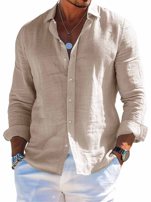 Camisa de Playa Manga Larga con Solapa - Diseño Liso Masculino - Image 11