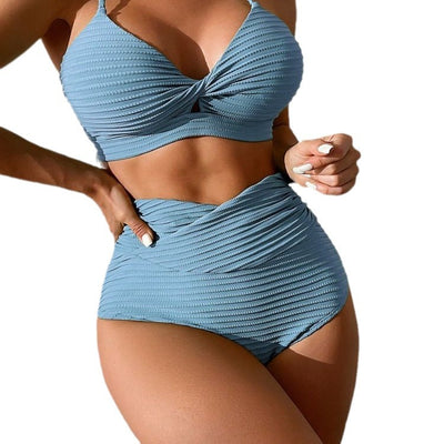 Navy blue ribbed two-piece bikini with a twisted front top and high-waisted ruched bottoms. - Image 4