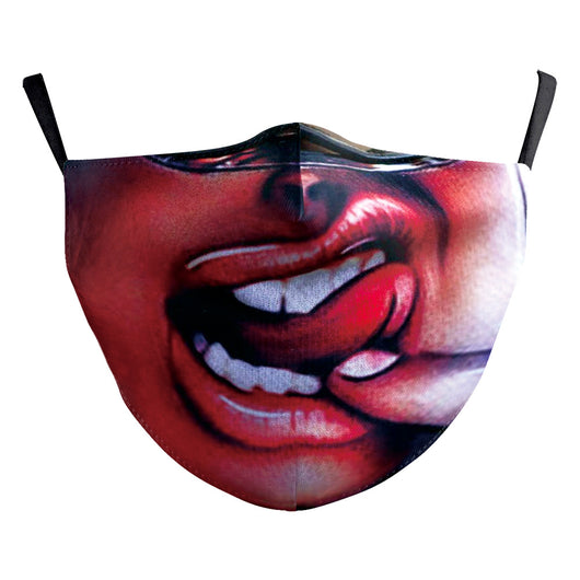 Green and yellow digital print Halloween dust mask with a grotesque, tree-like face design and black ear loops. - Image 21