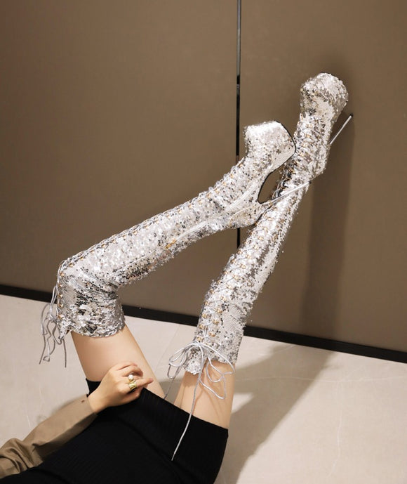 Botas Stiletto Brillantes Hasta la Rodilla con Lentejuelas