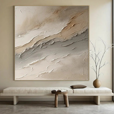 Cuadro Abstracto Texturizado Óleo Sobre Lienzo Beige Gris Olas Decorativo - Image 11