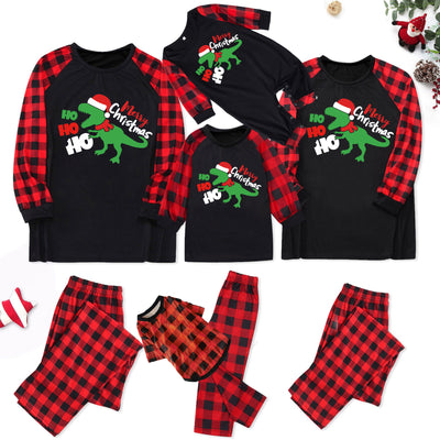 Black baby romper with red plaid sleeves and cuffs, featuring a green dinosaur wearing a Santa hat and "Merry Christmas" text. - Image 19