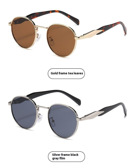 Silver metal round frame sunglasses with dark grey lenses and black temples, offering UV protection for women. - Image 17