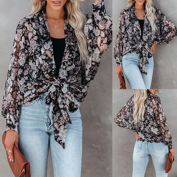 Camisa Cardigan Estampada de Manga Larga para Mujer