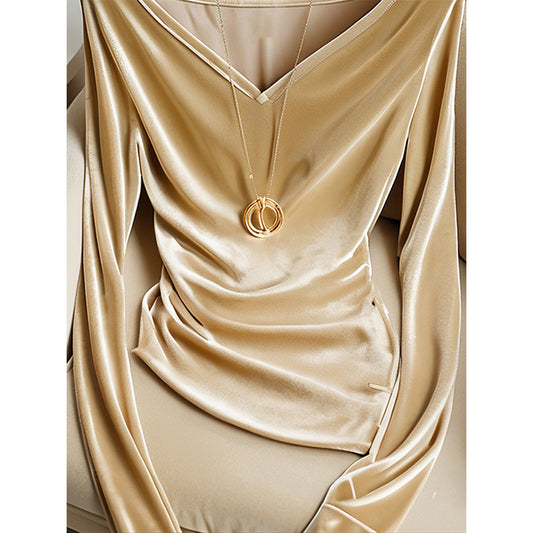 Blusa Champagne Escote V Manga Larga Plisada Terciopelo para Invierno - Image 2