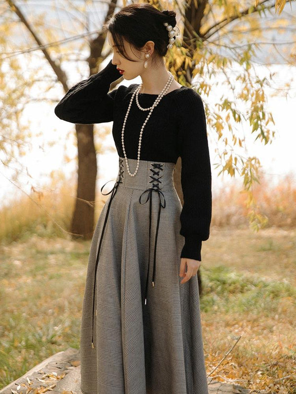 Conjunto Ejecutivo Falda Cuadrille con Corbatas Dobles para Mujer