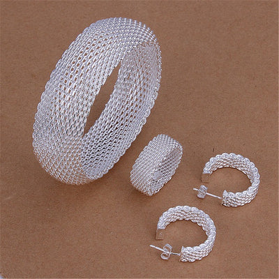 Retro exquisite silver-tone mesh bracelet, matching ring, and hoop earrings three-piece jewelry set. - Image 5