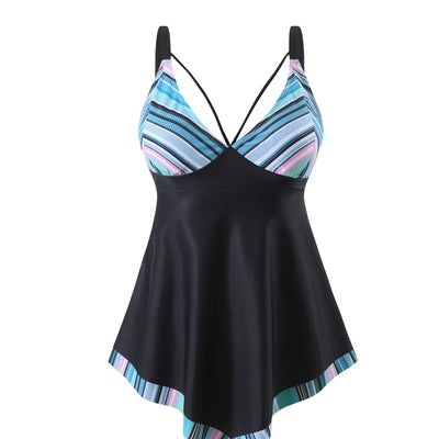 Black plus size tankini top with a colorful scalloped pattern on the bust and hem, featuring criss-cross straps. - Image 7