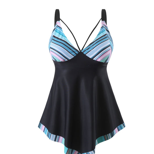 Black plus size tankini top with a colorful scalloped pattern on the bust and hem, featuring criss-cross straps. - Image 7