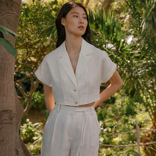 Camisa de Lino con Cuello Solapa y Manga Corta