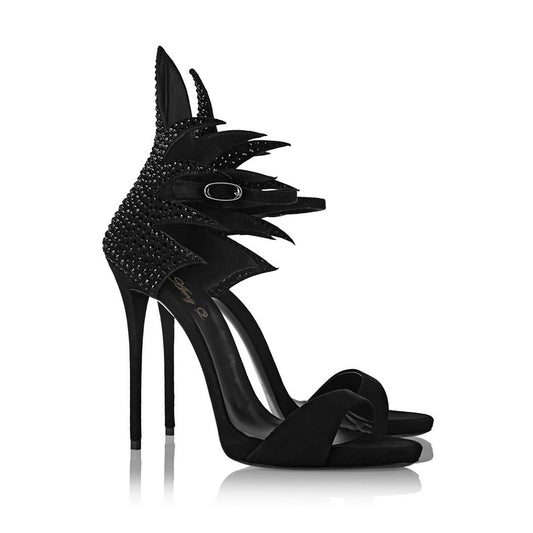 Sandalias de Tacón Stiletto con Pedrería y Puntera Abierta en Gamuza
