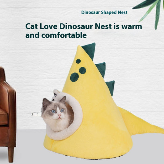 Cama Dinosaurio Amarillo para Gatos - Nido Cerrado Cálido Todo Clima