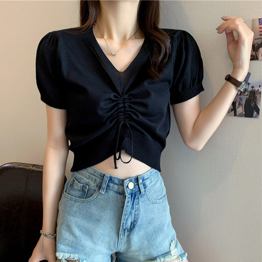 Blusa de Punto Escotada V Manga Corta para Verano - Image 8