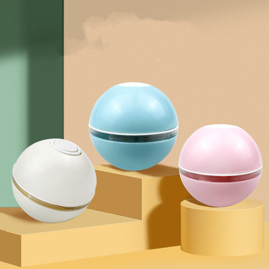 White spherical pet toy with a translucent stripe, featuring a black cord attached to a white feather. - Image 8