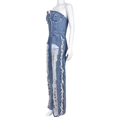 Mono Denim Ajustado con Detalles de Pedrería y Ojales Decorativos - Image 3