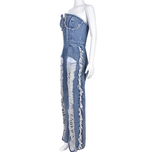 Mono Denim Ajustado con Detalles de Pedrería y Ojales Decorativos - Image 3