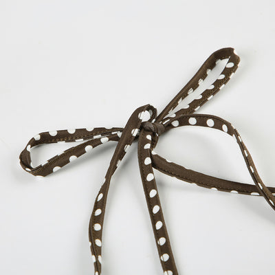 Dark brown polka dot halter bikini top with matching shirred high-waisted shorts for women. - Image 35