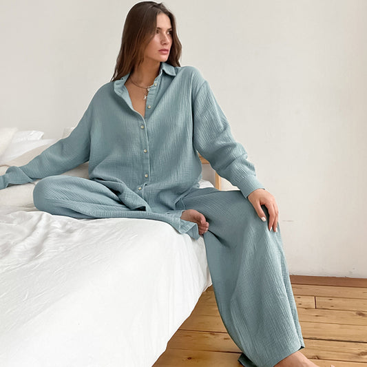 Pijama Europeo Otoñal Gasa Doble Capa - Conjunto Camisa y Pantalón Holgado