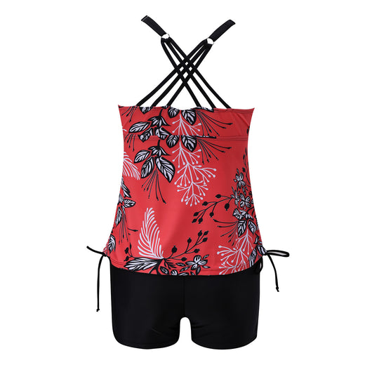 Fuchsia pink tankini swimsuit for women featuring a pleated halter top and matching swim shorts, modeled on a beach. - Image 15