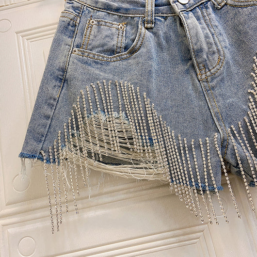 Short Jeans Cintura Alta Slim con Flecos y Abalorios Estilo Europeo - Image 13