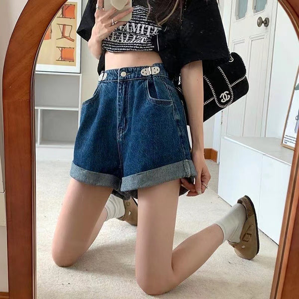 Shorts Denim Retro Sueltos y Delgados con Textura Rizada