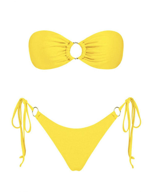 Red glitter bandeau bikini with gold-tone O-rings and side-tie bottoms on a model in a sunny outdoor setting. - Image 56