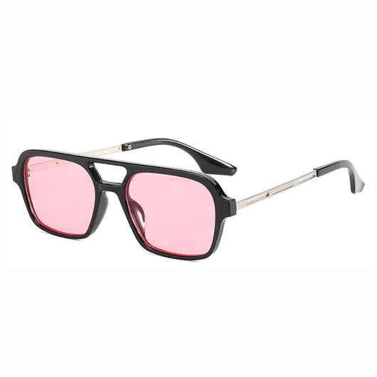 Retro black frame sunglasses with pink square lenses and a double bridge, featuring silver-colored temple accents. - Image 4