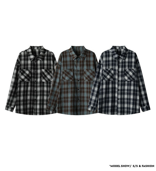 Camisa Casual Retro a Cuadros con Solapa - Image 11